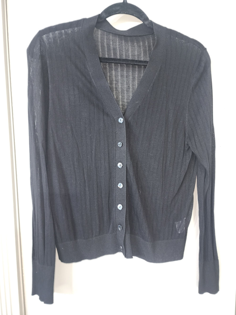 Women's Black Ribbed V-Neck Button Lightweight Cardigan Sweater